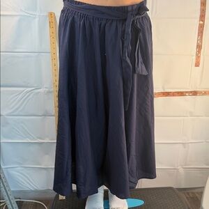 Navy Blue Midi Skirt Elastic Waist Tie Front Flowy A-Line Lightweight Size L